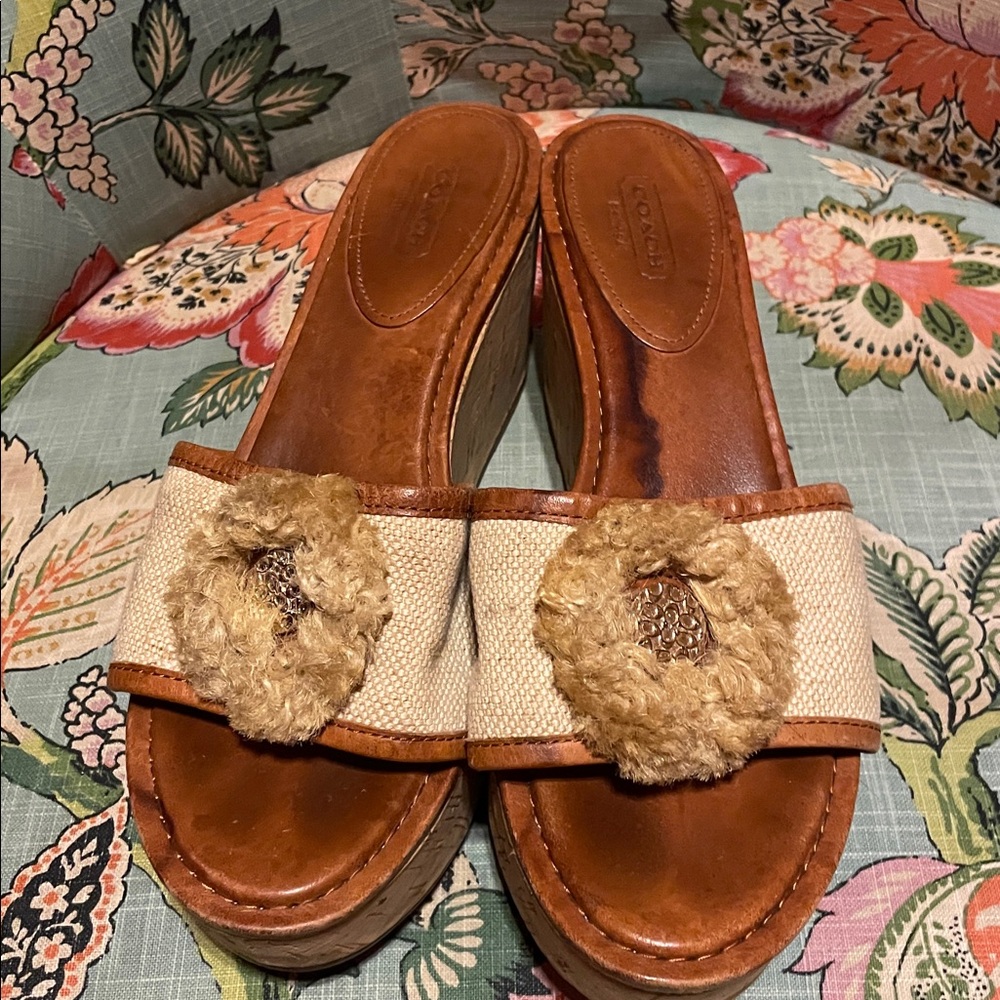 COACH Beige and Brown Platform Sandals with Floral Accent, Size 8